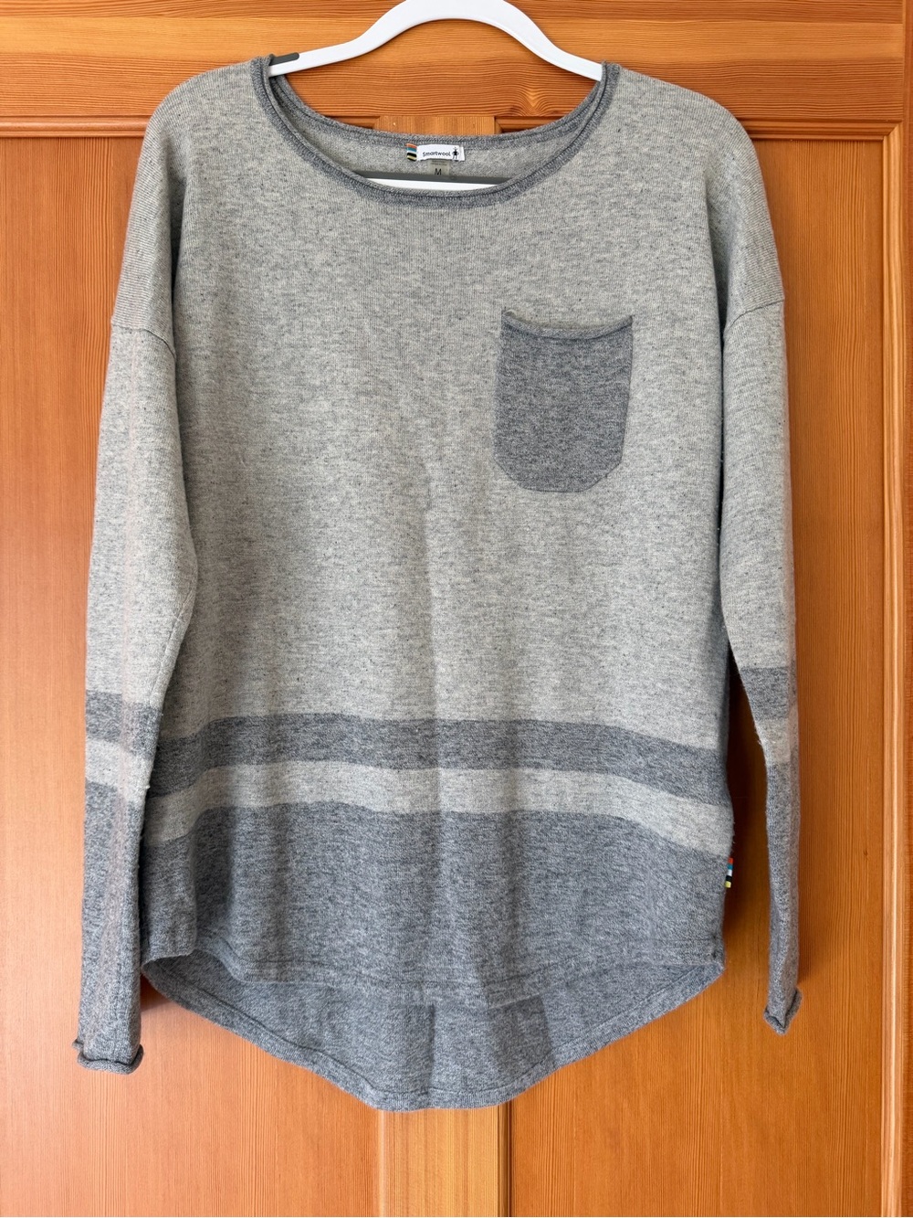 Smartwool Akamina Wool Blend Light Gray Striped Pocket Sweater - Women Large